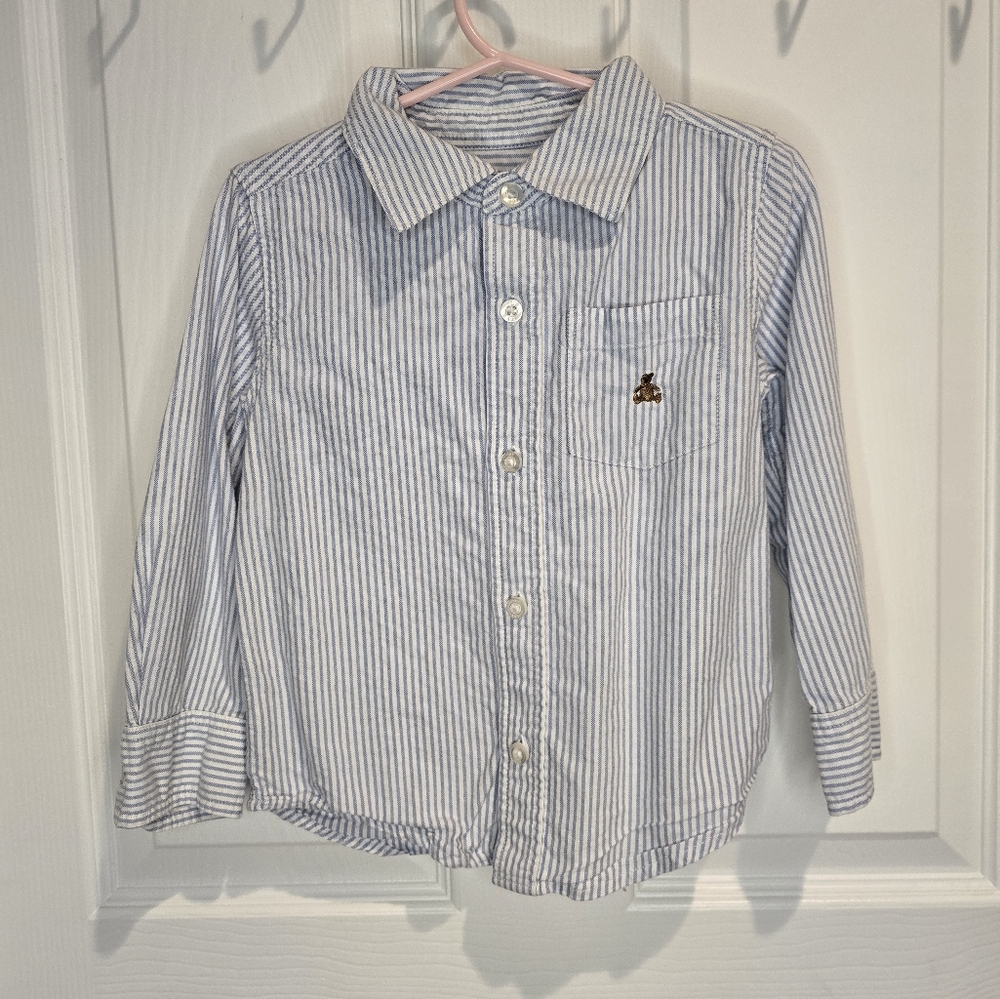 Baby Gap 3t Blue Striped Button-Up Shirt with Embroidered Bear Logo